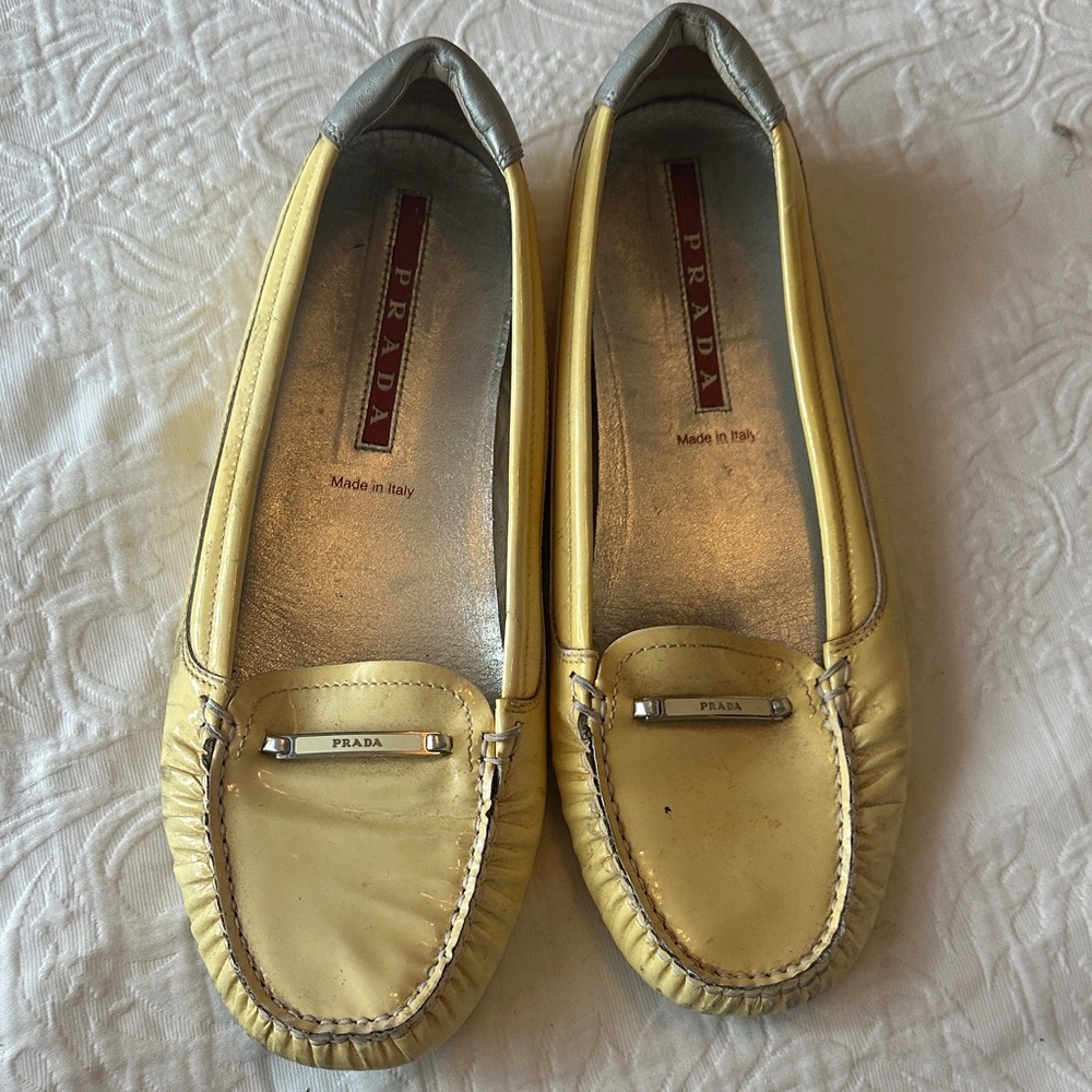 Prada Women's Yellow and Silver Leather Loafers